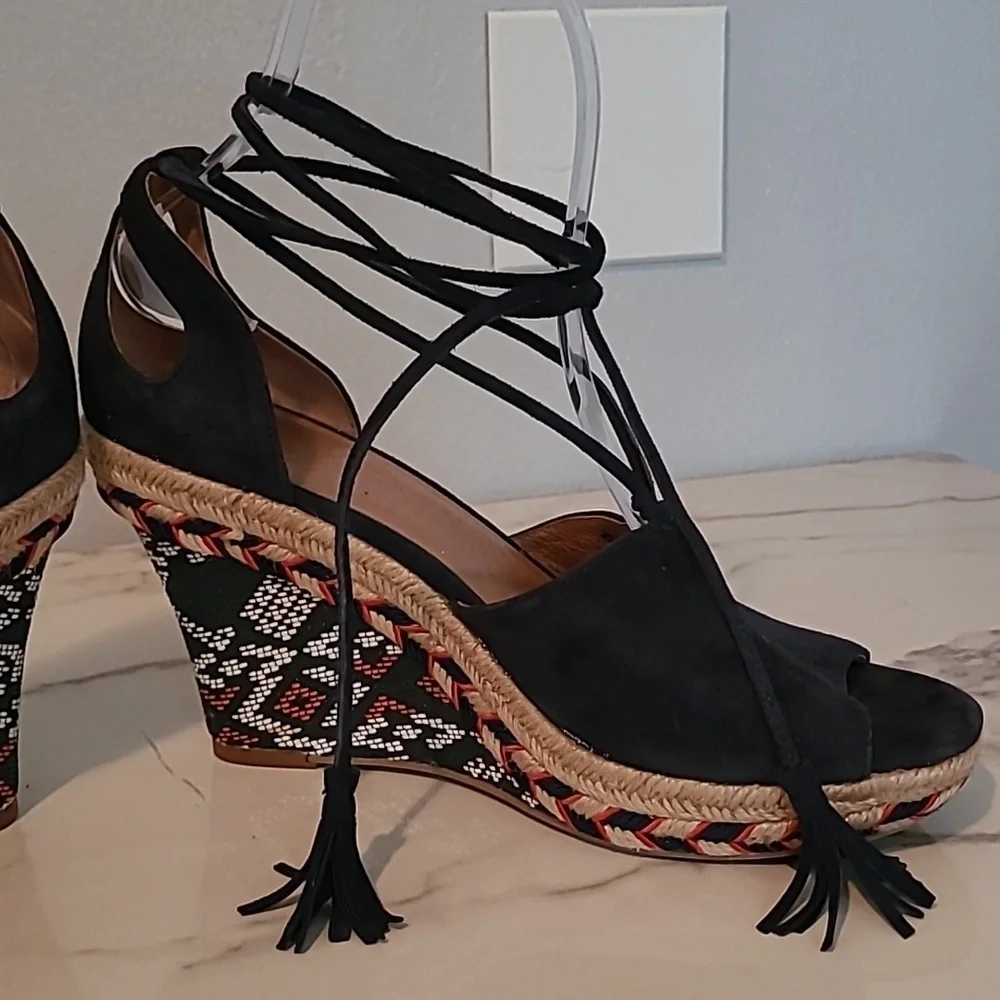 Cabi Isla Leather Suede Navy Blue Wedge Heels Espadrilles Sandals Wmns 7.5 Boho